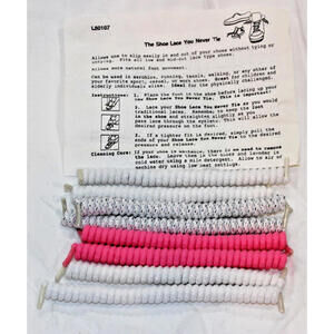 4 Pair Shoe Laces You Never Tie Spiral White Pink Silver Glitter w/Instructions